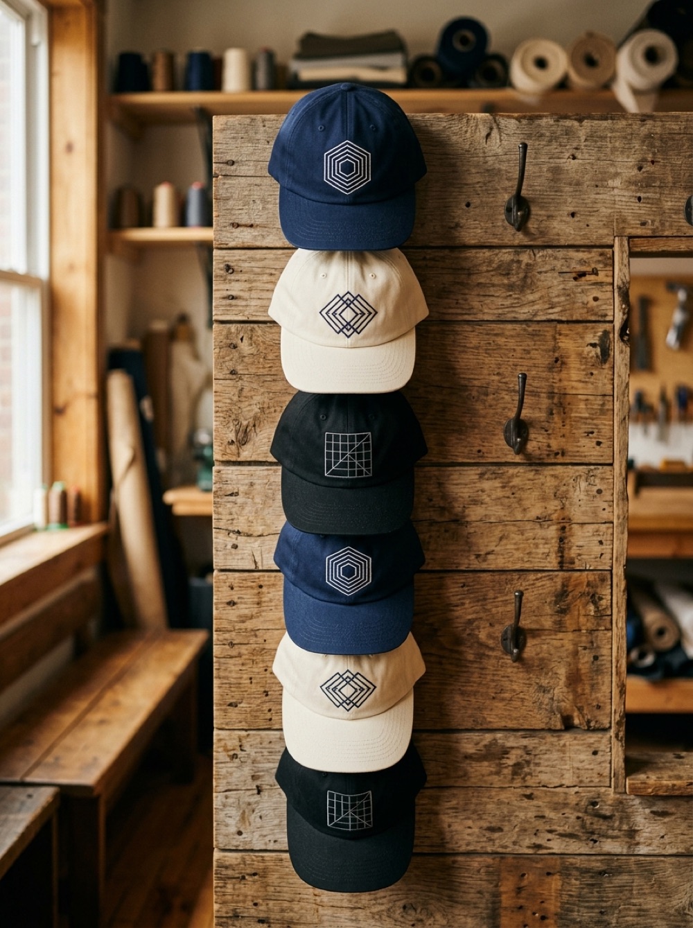 A wall of embroidered caps in navy, cream, and black