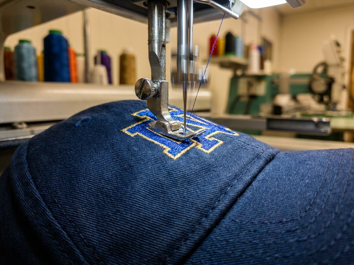 Embroidery machine stitching a logo