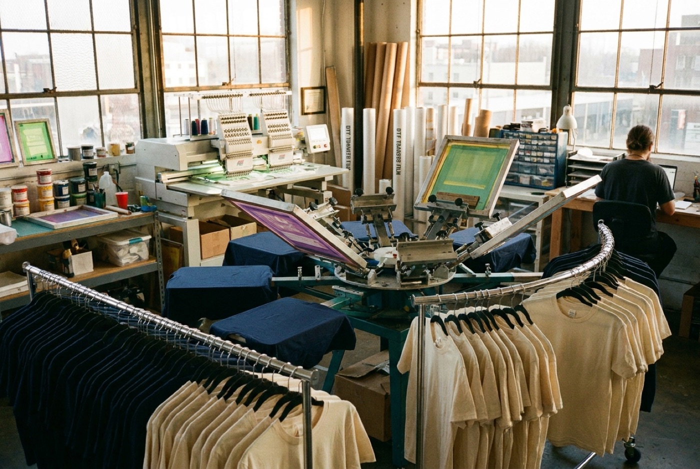 Inside the Stencil and Thread shop: screen printing carousel, embroidery machine, and racks of finished tees